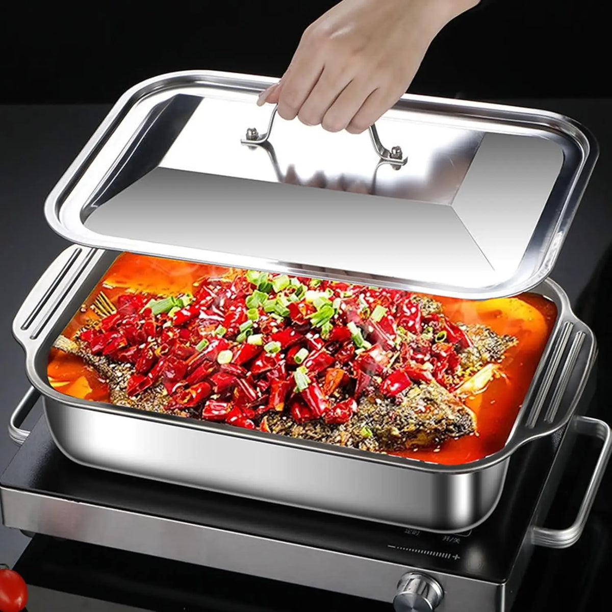 Stainless Steel Baking Pans with Lids - Non-Stick, Thick Rectangular Oven Trays for Desserts, Bread, And Seafood - Perfect for Bbqs, Buffet Serving Trays
