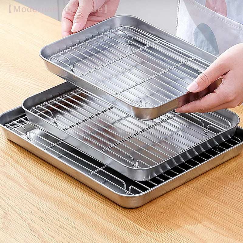 【M】Stainless Steel Baking Pan Tray With Wire Rack Cake Baking BBQ Pan Tray Removable Cooling Rack Oven Cooking Grilling Tool