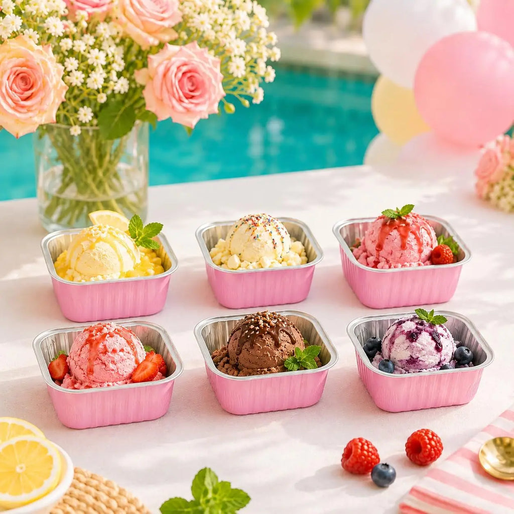 50 Pcs Mini Cake Pans with Lids and Spoons Disposable Aluminum Foil Baking Cups 5oz for Wedding Party Favors Pink