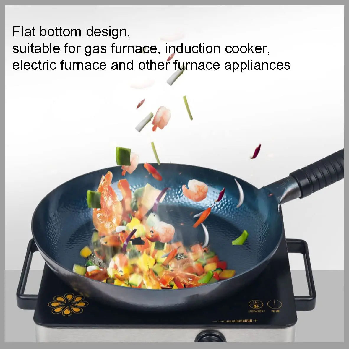 Hand hammered Iron Frying Pan,Induction Compatible,Chinese Traditional Pre-seasoned Blue Cooking Wok Kitchen Cookwar 26/28/30cm