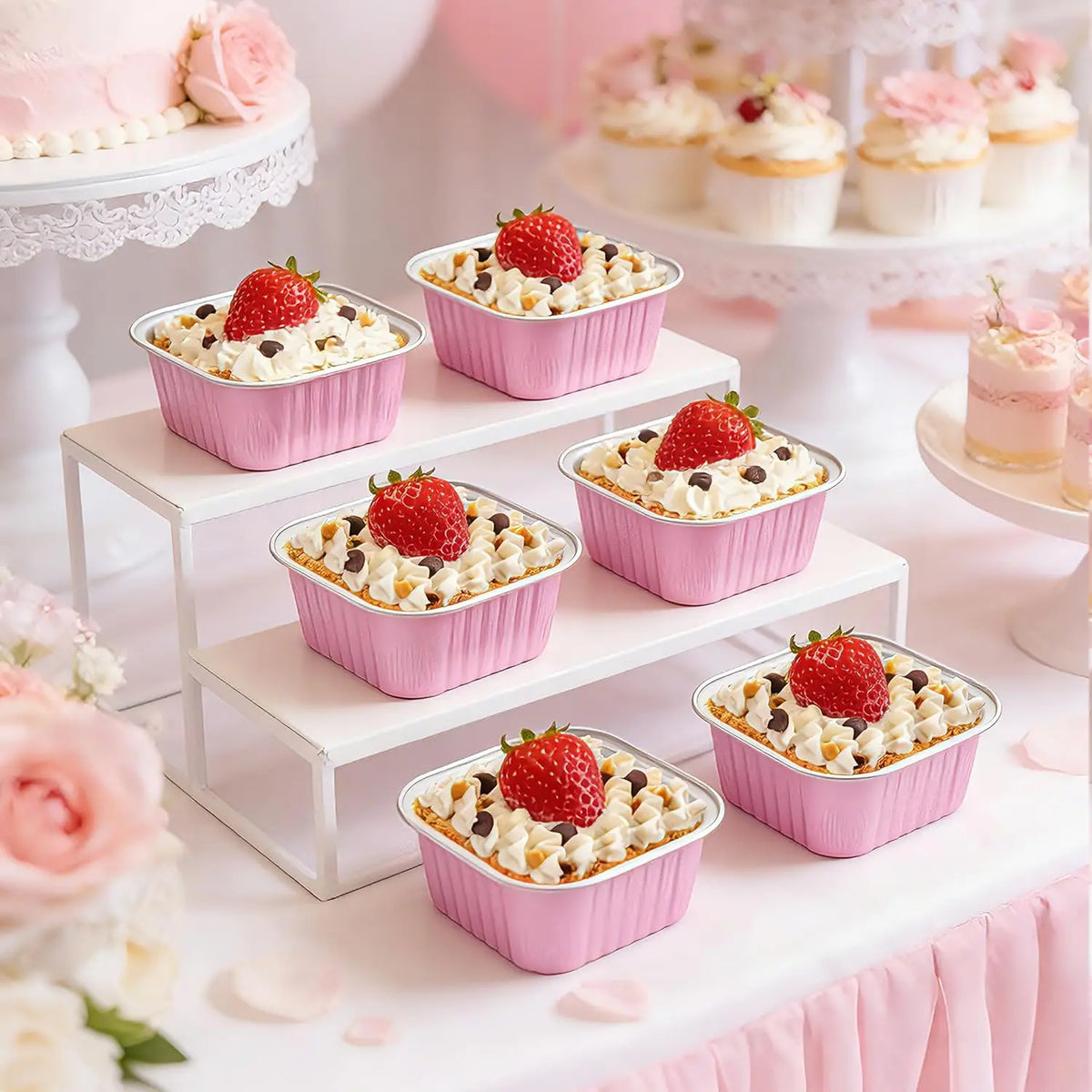 50 Pcs Mini Cake Pans with Lids and Spoons Disposable Aluminum Foil Baking Cups 5oz for Wedding Party Favors Pink