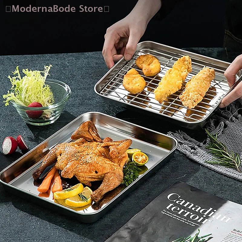 【M】Stainless Steel Baking Pan Tray With Wire Rack Cake Baking BBQ Pan Tray Removable Cooling Rack Oven Cooking Grilling Tool
