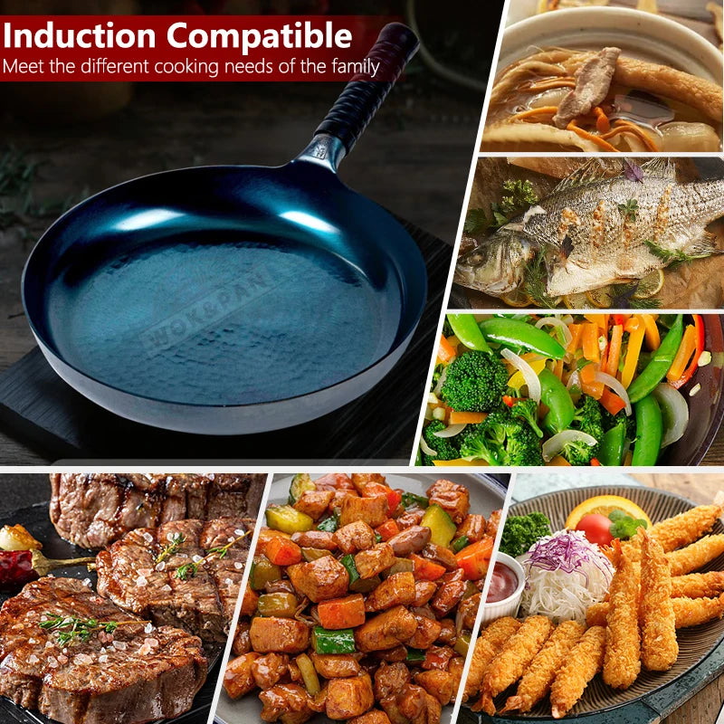 Hand hammered Iron Frying Pan,Induction Compatible,Chinese Traditional Pre-seasoned Blue Cooking Wok Kitchen Cookwar 26/28/30cm