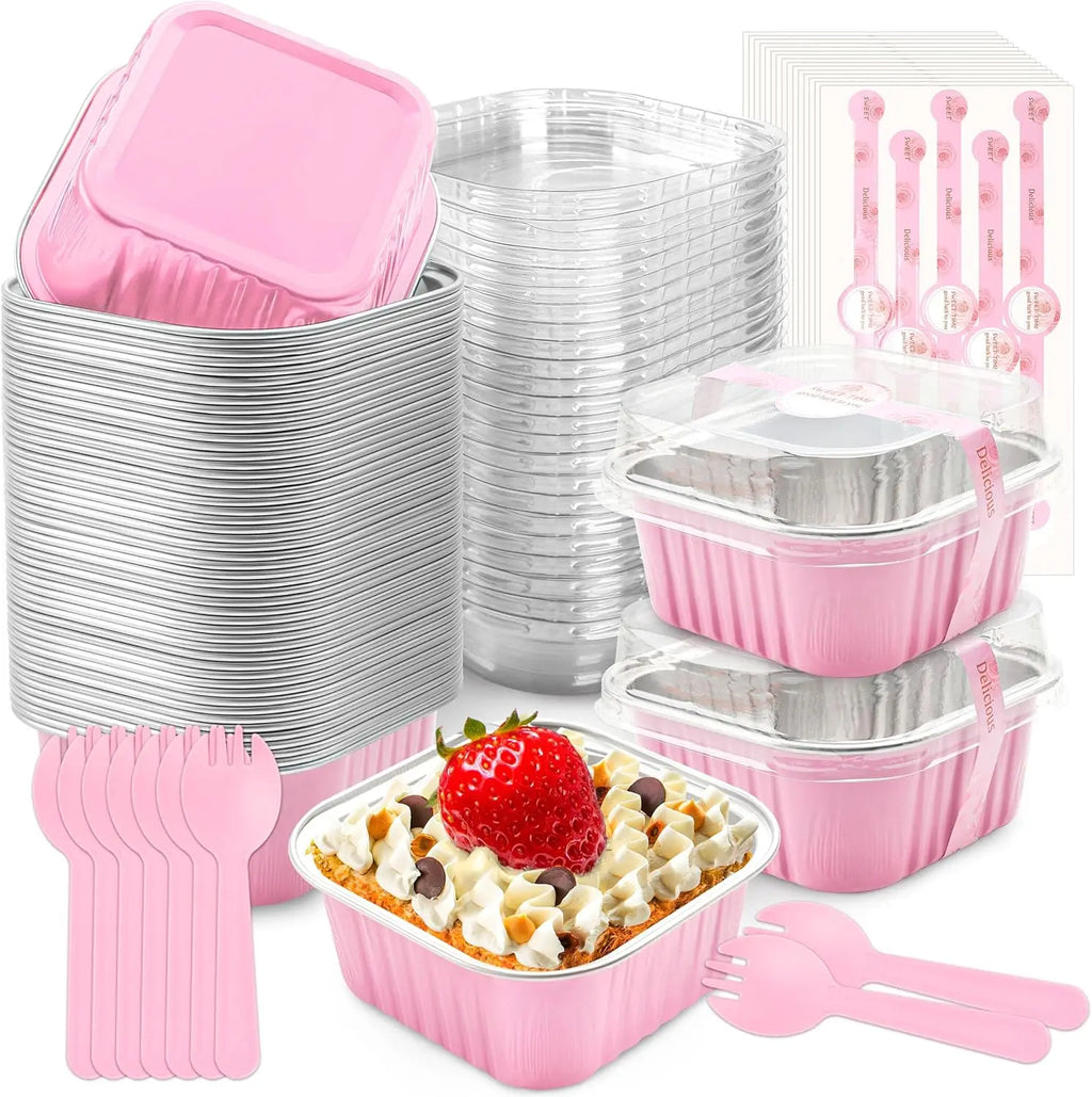 50 Pcs Mini Cake Pans with Lids and Spoons Disposable Aluminum Foil Baking Cups 5oz for Wedding Party Favors Pink
