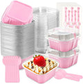 50 Pcs Mini Cake Pans with Lids and Spoons Disposable Aluminum Foil Baking Cups 5oz for Wedding Party Favors Pink